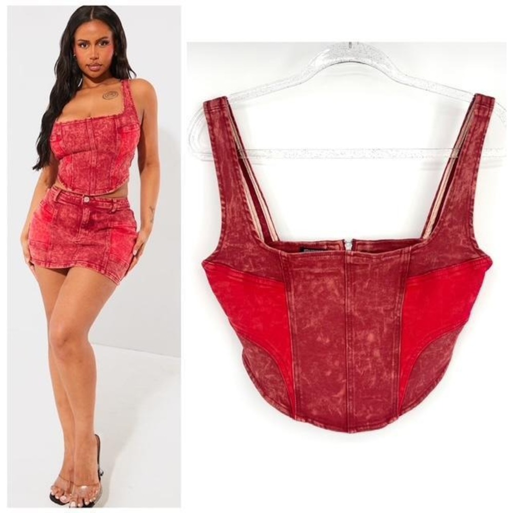 PrettyLittleThing Shape Red Washed Denim Corset Size 8 Sexy Crop Beach Party